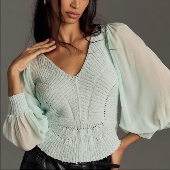 Anthropologie Sheer Sleeve V Neck Sweater XS New With Tags - Picture 1 of 5